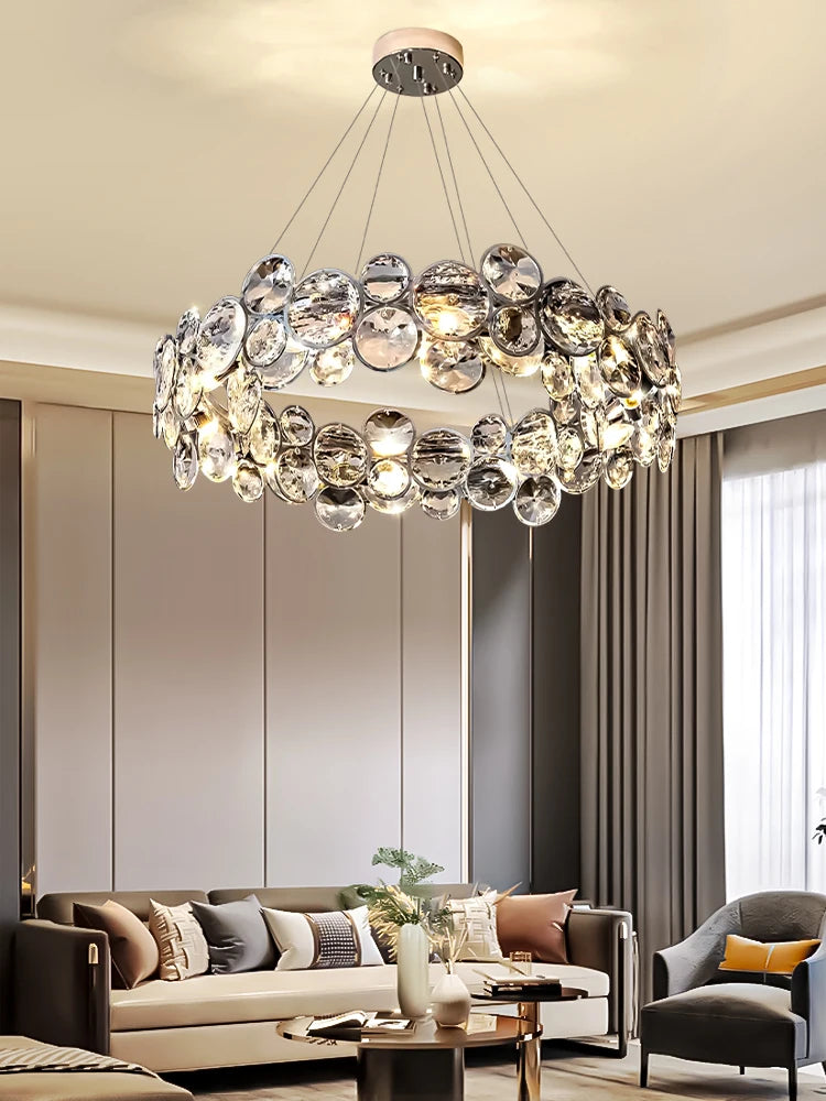suspension lumineuse moderne transparente argentée ronds brillants plafonnier led chambre salon