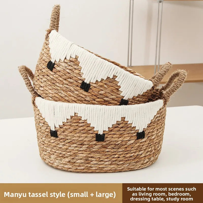 panier tissé rotin naturel blanc noir franges motifs ethniques boho respectueux environnement