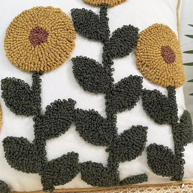 coussin tufté brodé fleur nordique moderne 100 polyester blanc vert marron jaune adhésif décoration