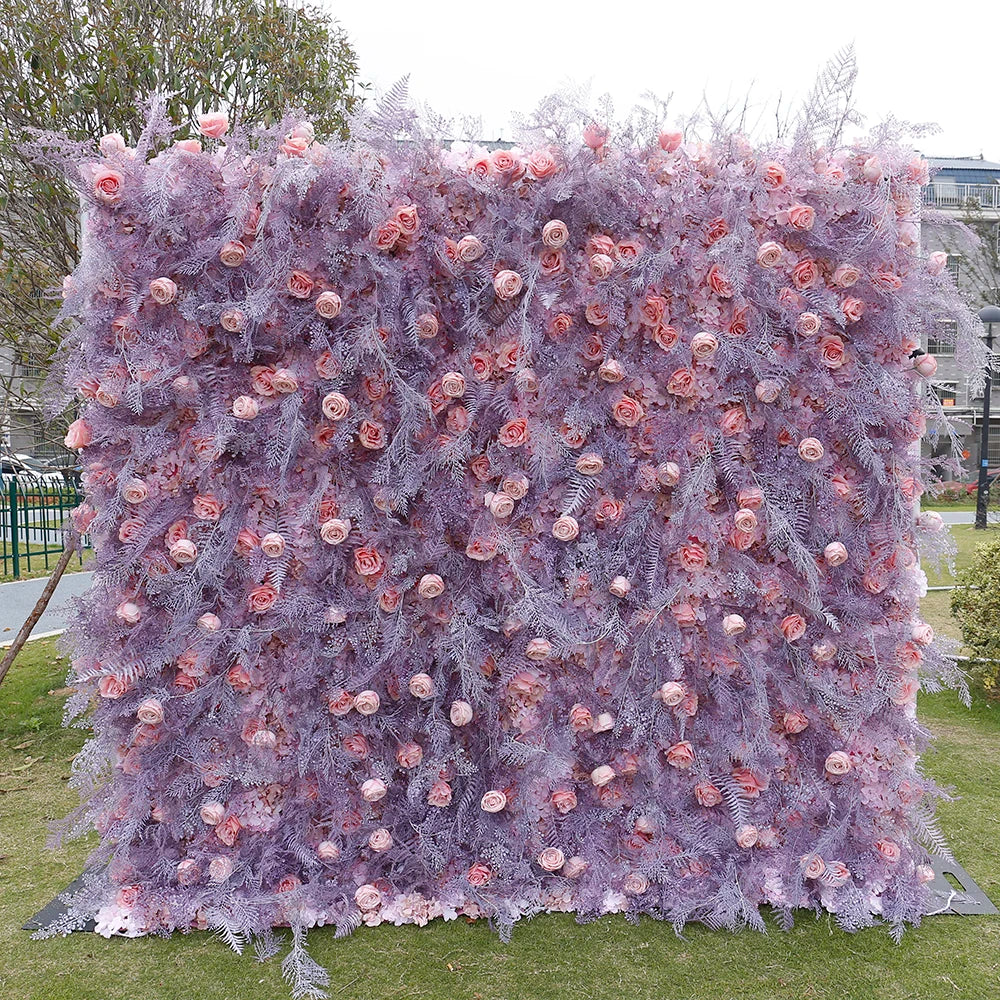 panneau mural fleurs artificielles roses violets decoration mariage moderne floral romantique