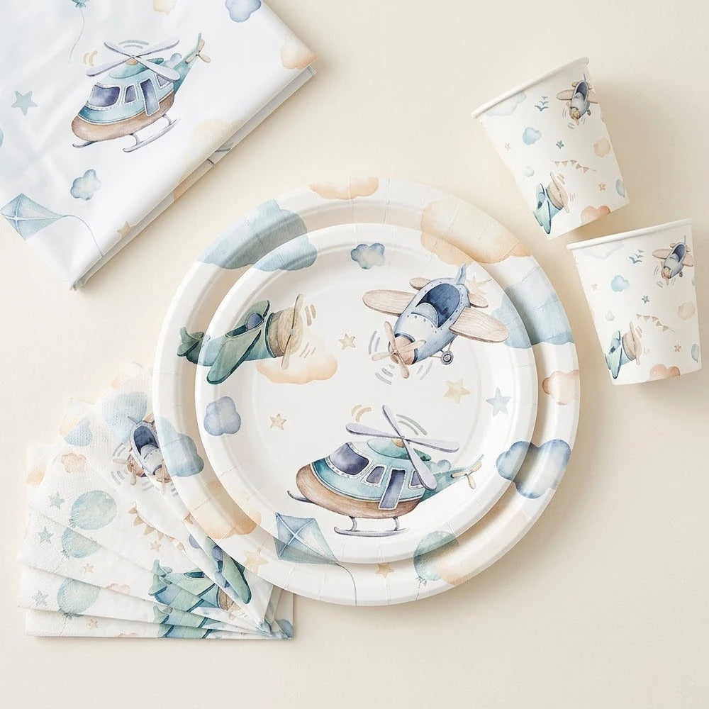 assiettes avion illustration serviettes gobelets nappe enfant anniversaire decoration theme vintage festivite