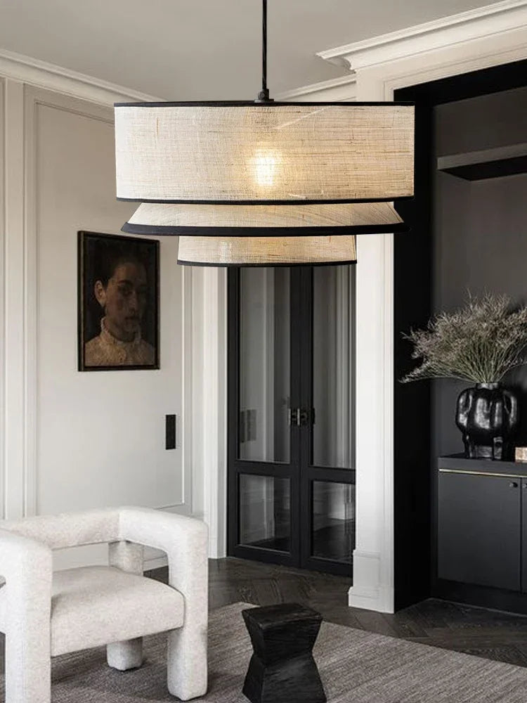 lumière suspendue tissu beige clair texture moderne opacité câble blanc chambre salon