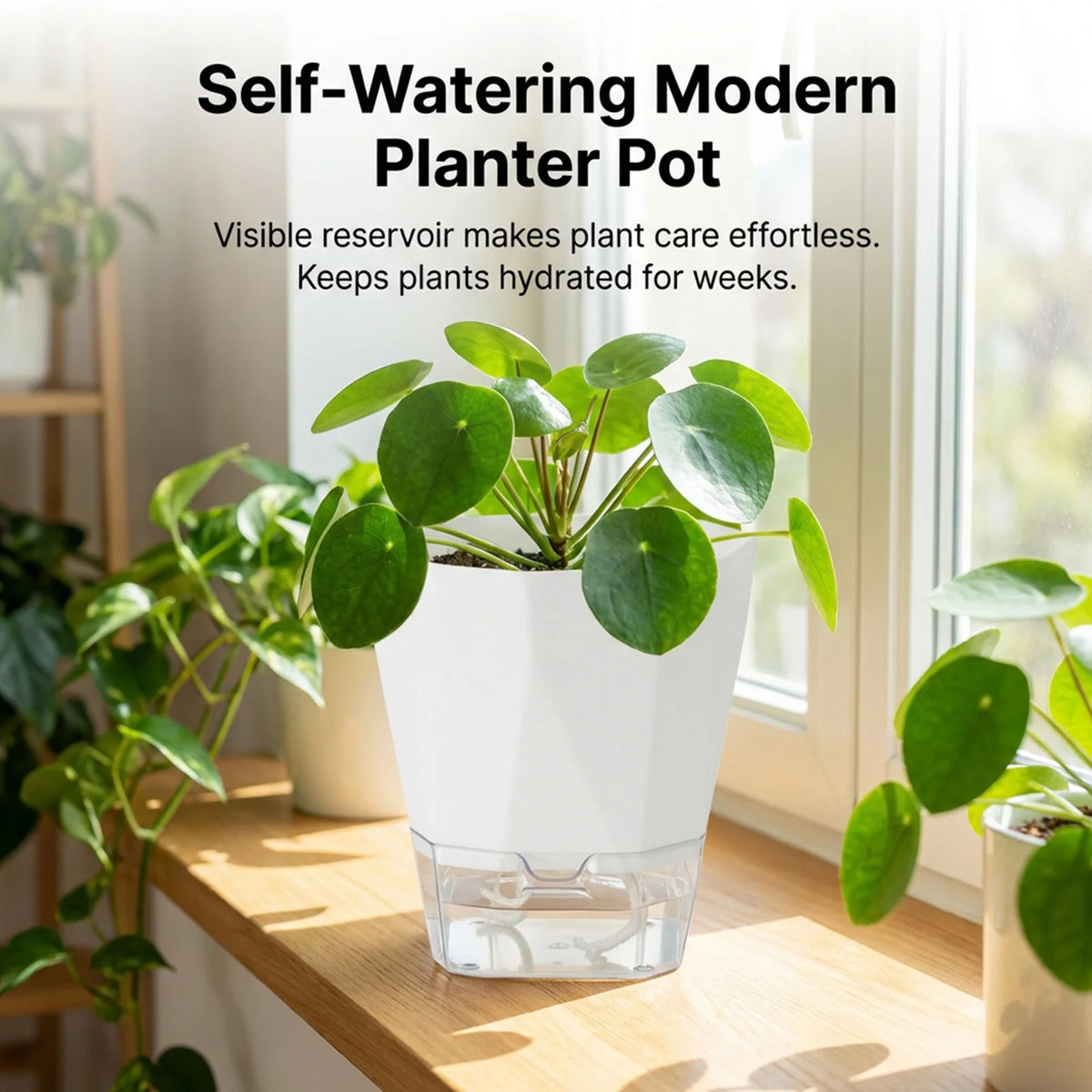 jardinière auto arrosante résine moderne pot fleur transparent racines croissance optimisée pothos plante verte