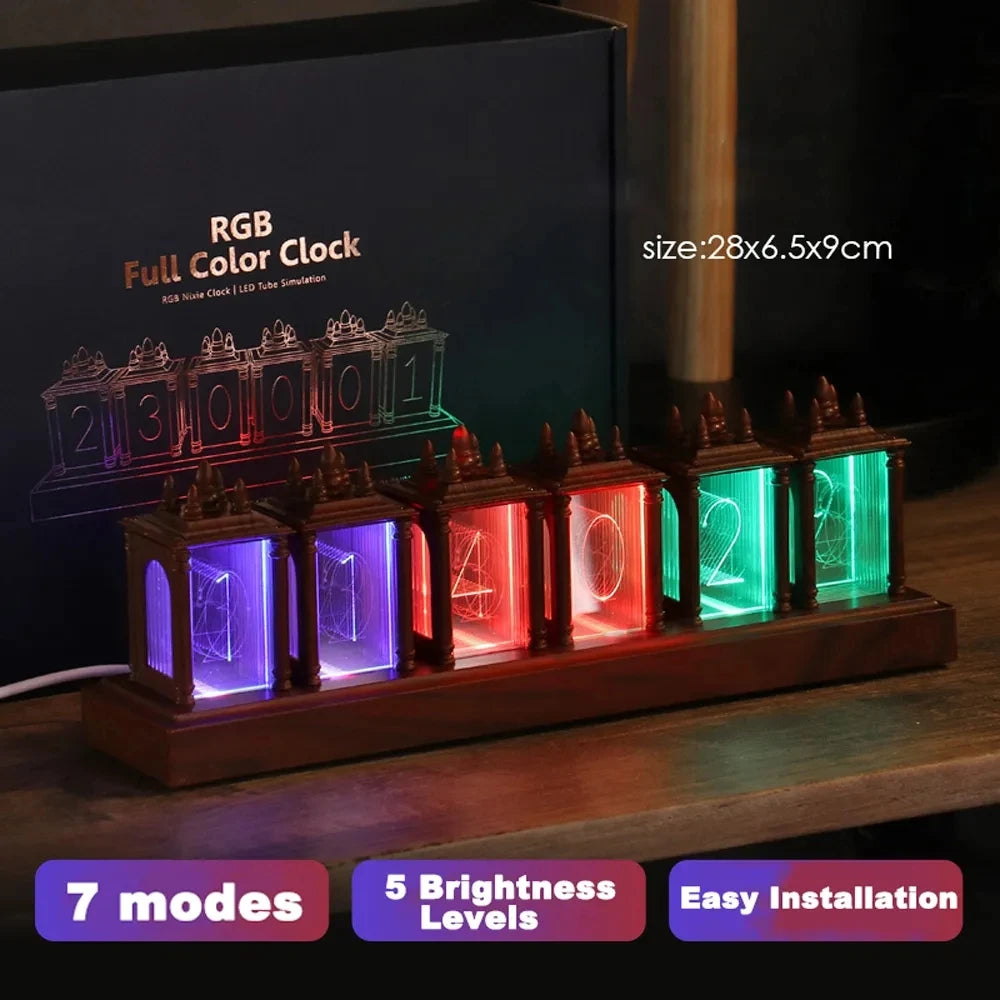 horloge led bois foncé verre translucide motifs géométriques modernes réglable luminosité affichage horaire USB