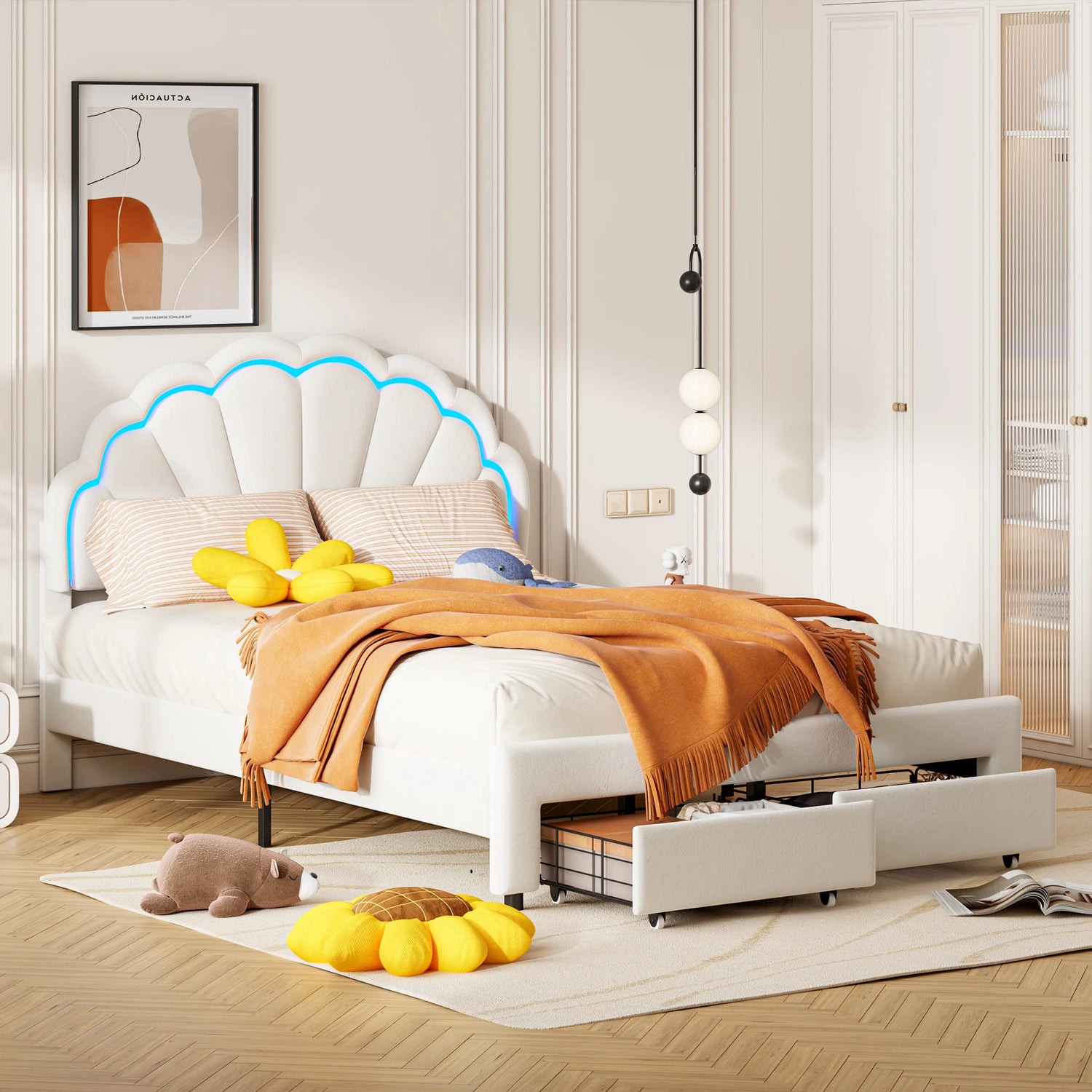 Vue de côté du lit montrant le design minimaliste moderne