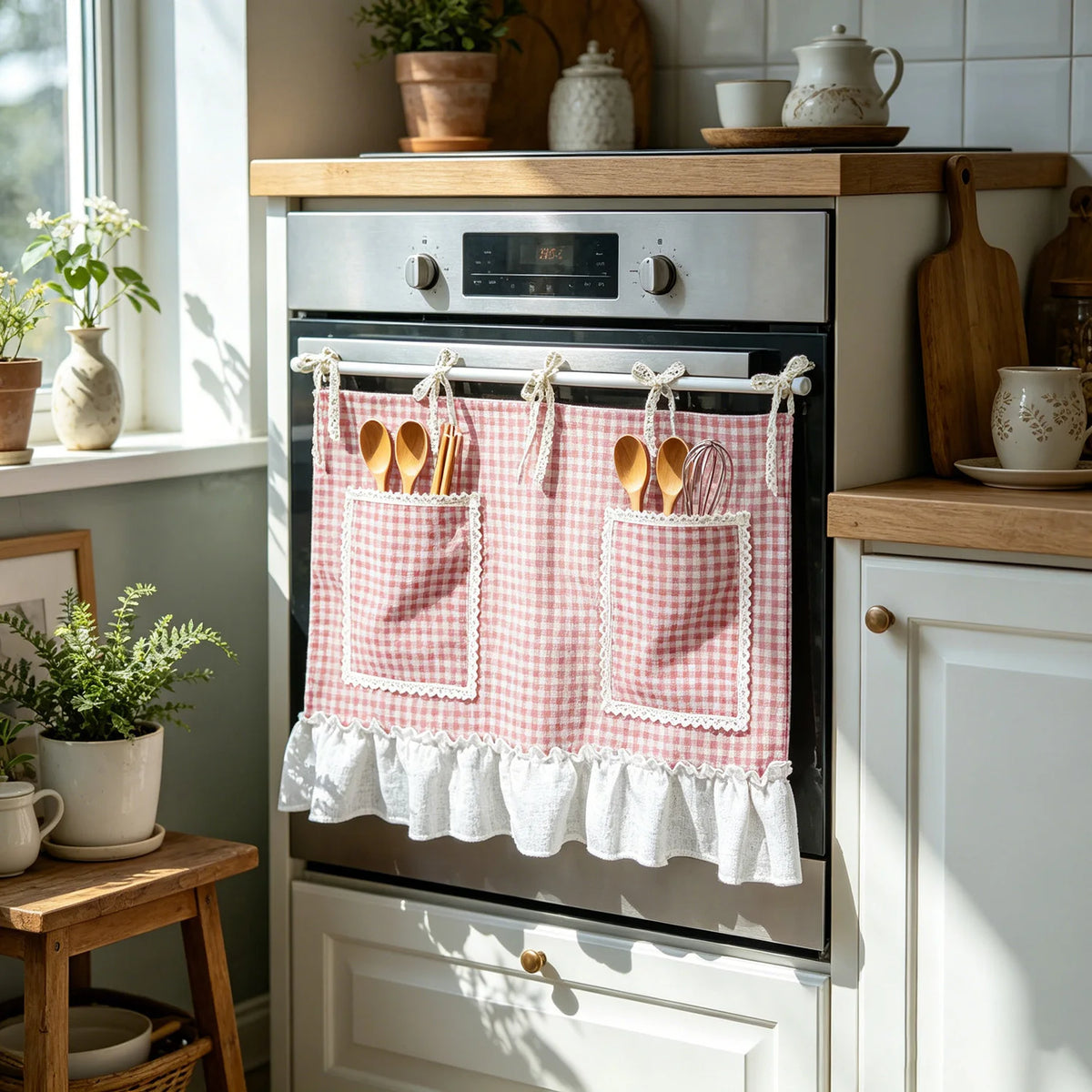 sac ustensiles cuisine carreaux gris blanc vintage rubans noués poches rangement multifonctionnel 70x140cm
