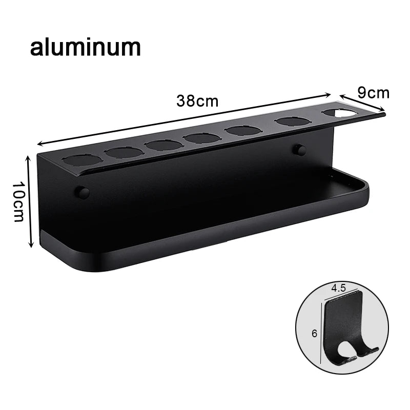 étagère mural moderne aluminium noir clips cheveux organisation salle bain cheveux brosse parfum