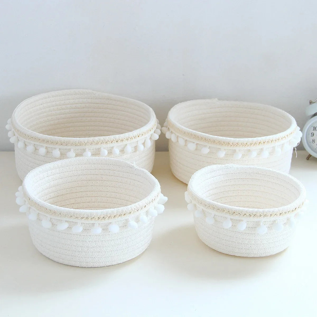 paniers rangement coton blanc boho pompons rangement boite organisation chambre enfants écologique pliable set