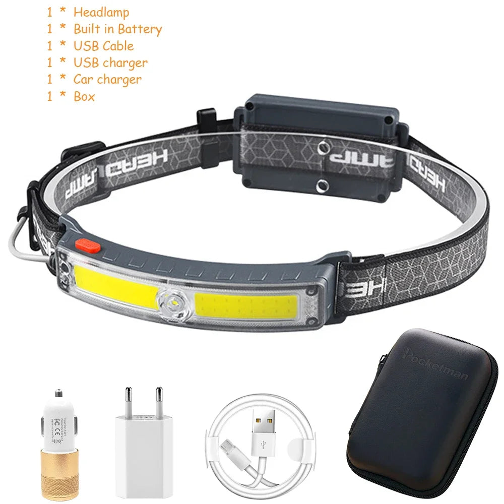lampe frontale rechargeable led 5w gris noir ceinture ajustable mode pêche étanche 60deg modernisée