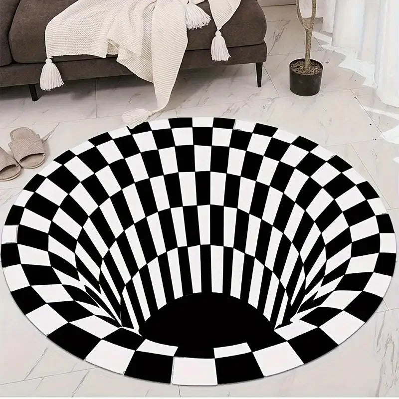 tapis rond carreaux illusion 3d moderne antidérapant salon chambre noir blanc