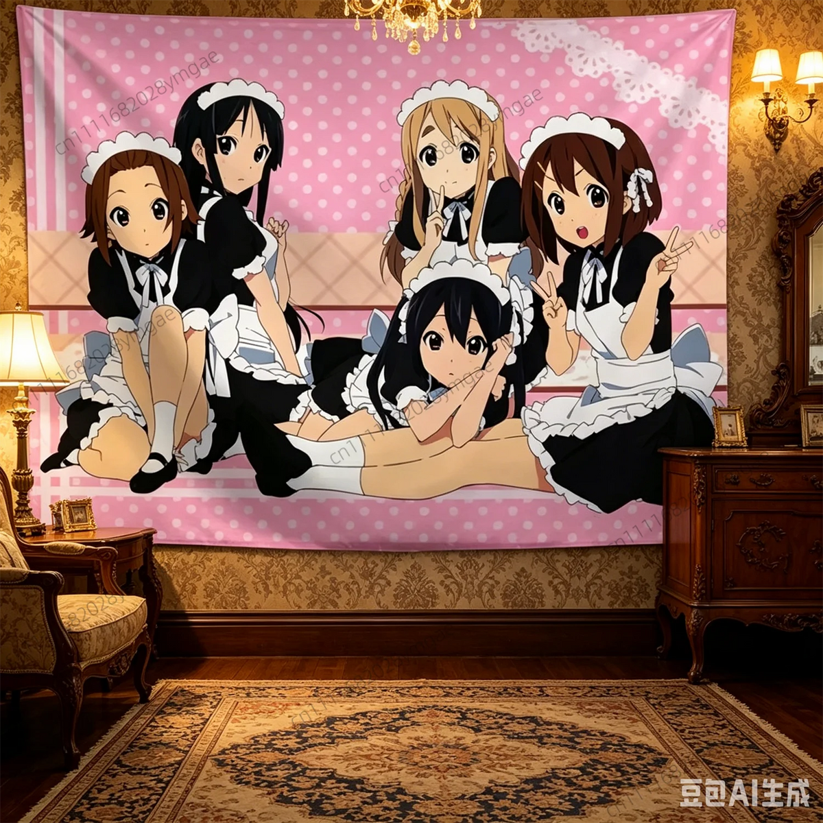 tapisserie anime mignonne pois blanc fond rose bordure dentelle chambre adolescente decoration murale