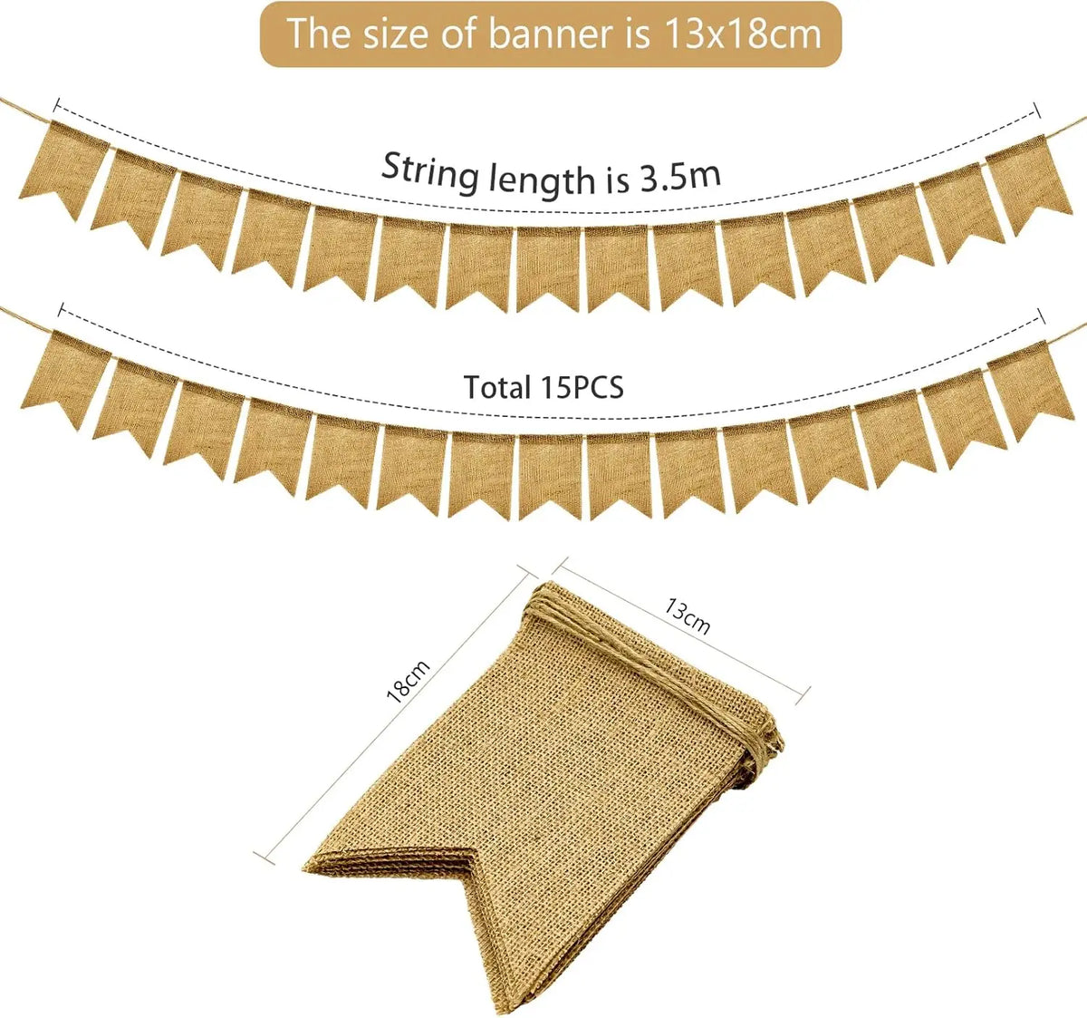 guirlande décorative jute 15 fanions 13cmx18cm 35m total mariage anniversaire révélation sexe rustic