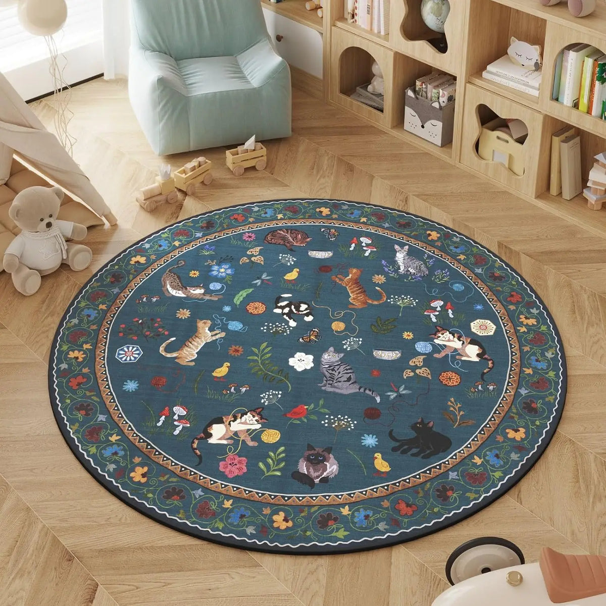 tapis rond chats fleurs blanc rose bleu bordure ornée salon chambre décoration moderne