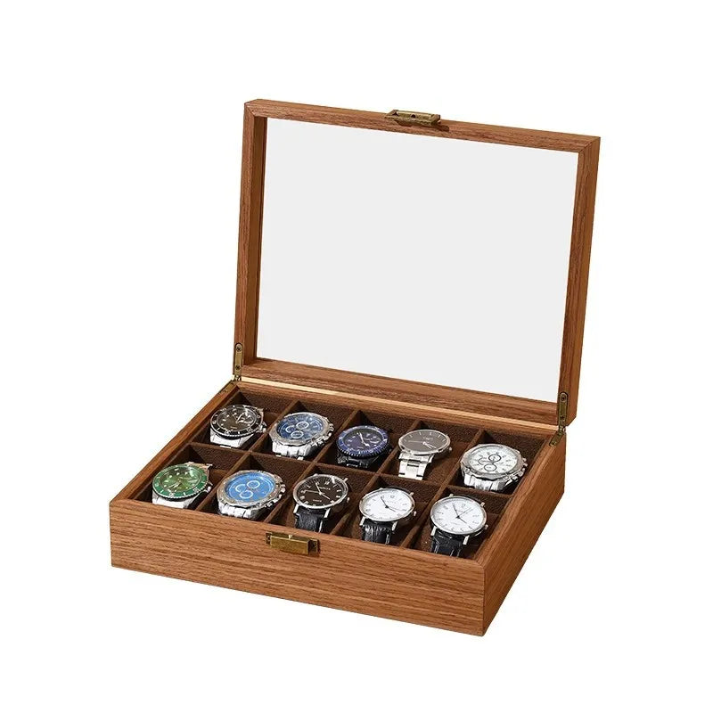 boîtes montres bois foncé grain naturel classique boutons dorés montres bracelets bijoux
