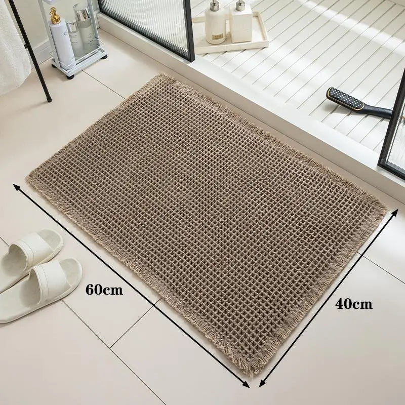 tapis bain beige clair gaufré antidérapant franges moderne dimensions 60x40cm
