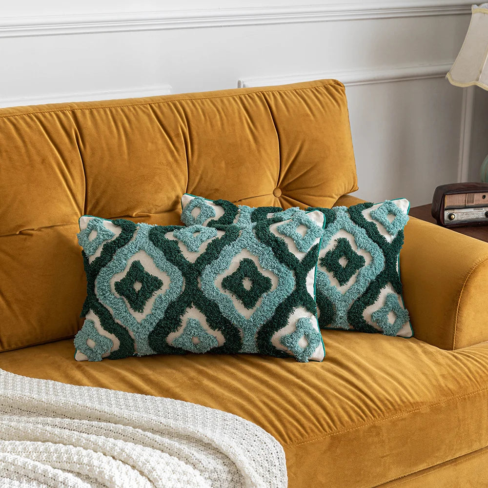 coussin housse amovible lavable motif géométrique brodé moderne opacité zip visible coton polyester verte