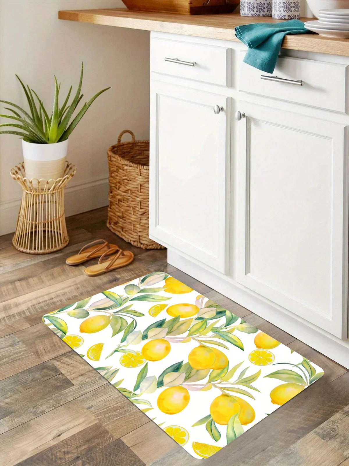 tapis moderne citron feuilles vertes fond blanc chambre salle bain extérieur 40x60cm polyester feutre