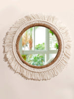 miroir boho macramé franges chambre salon décoration murale artisanale blanc beige