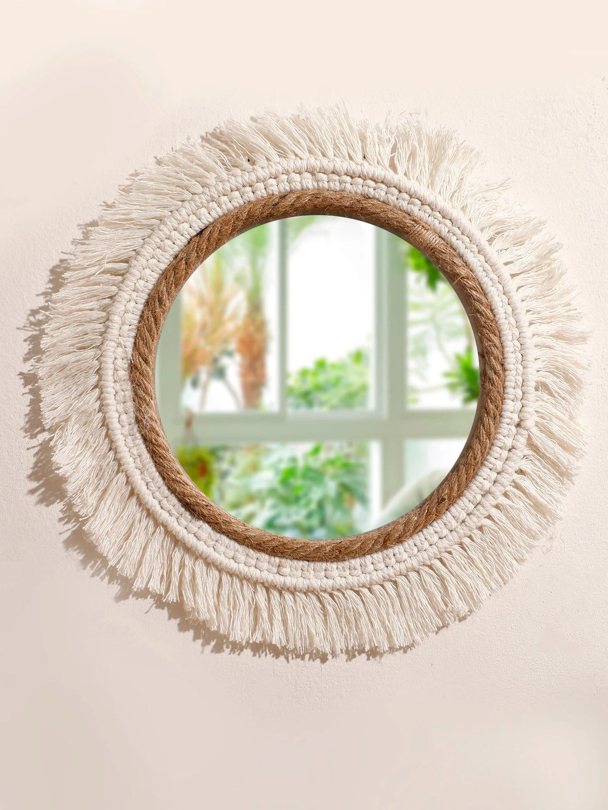 miroir boho macramé franges chambre salon décoration murale artisanale blanc beige