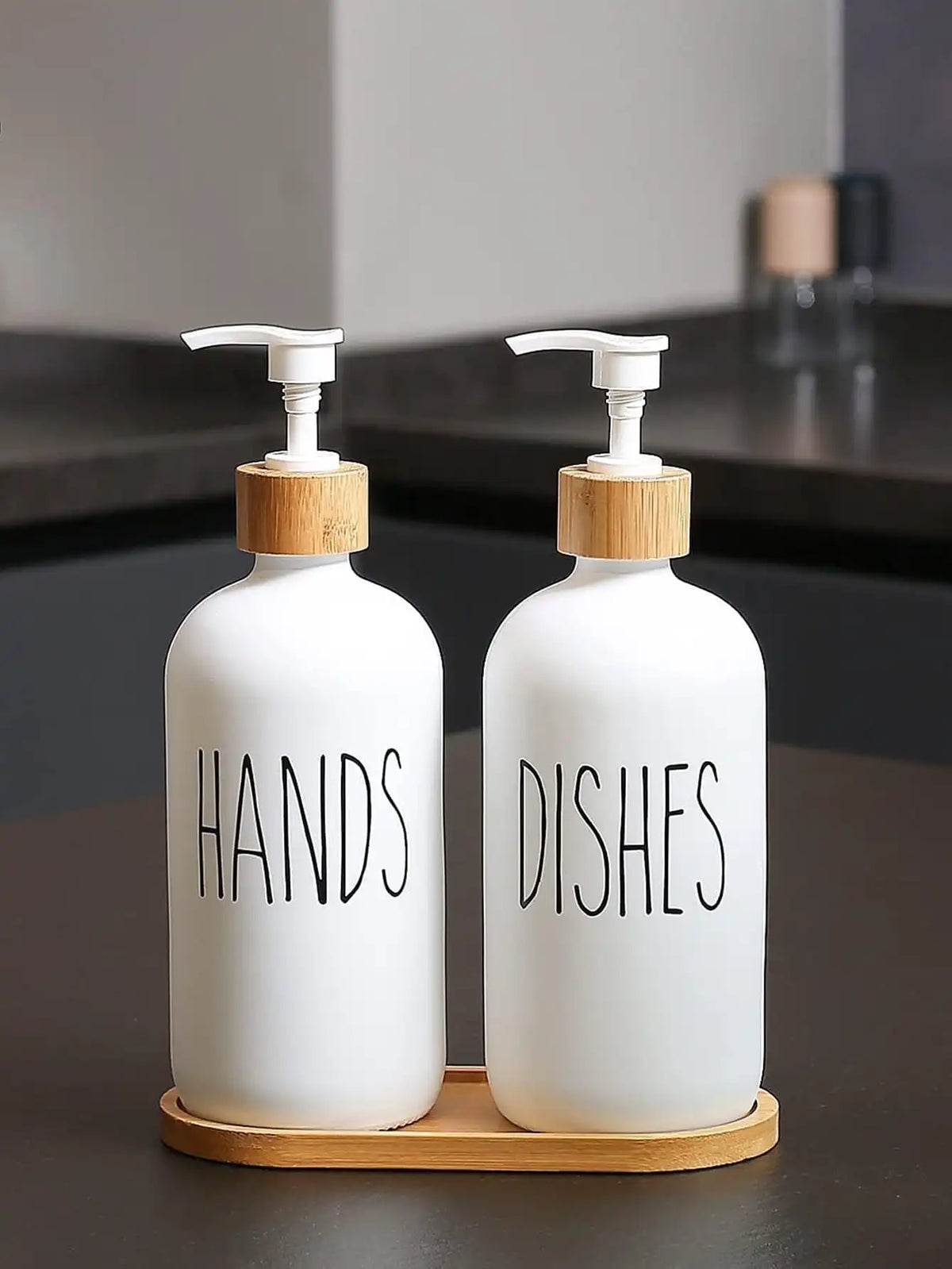 distributeur savon verre blanc moderne minimaliste base bambou deux pompes cuisine salle bain