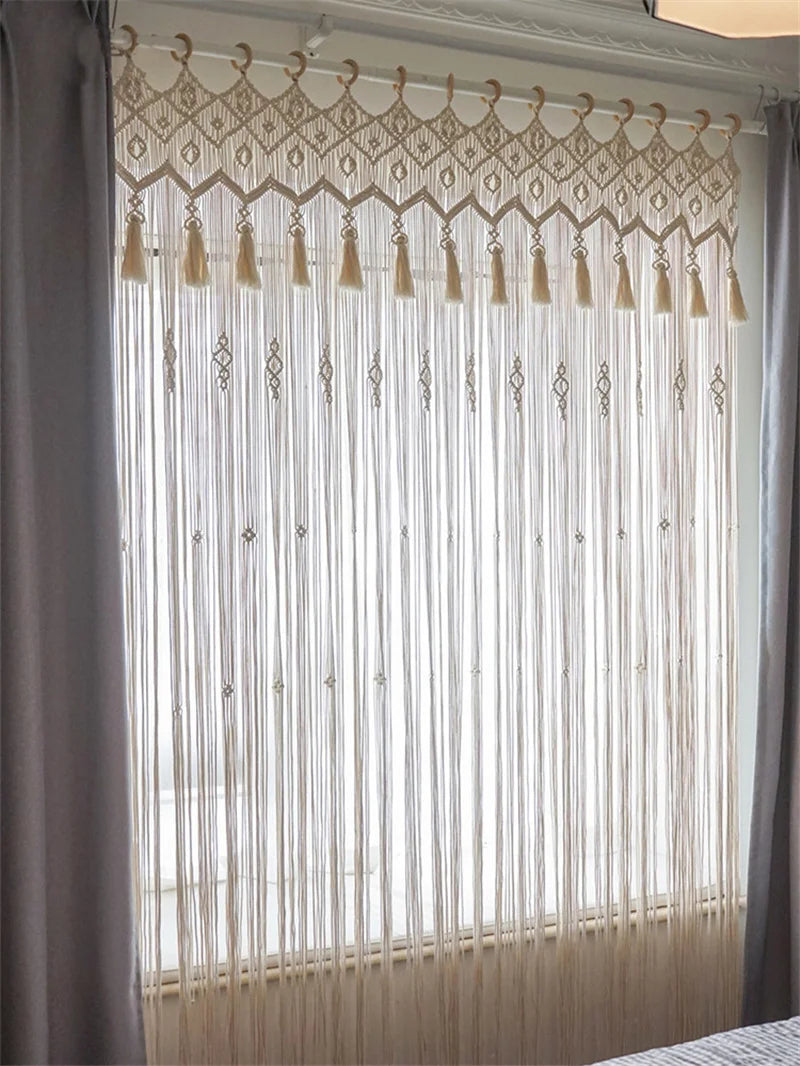 rideau macramé blanc crème motifs géométriques franges boho chic crochet métallique