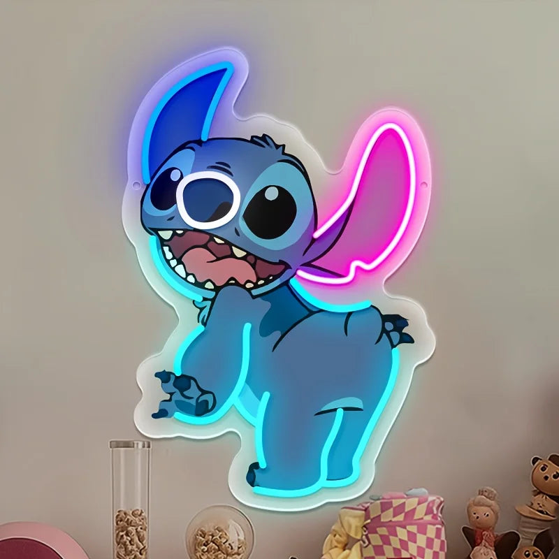 néon lumineux stitch disney bleu rose moderne cartoon chambre enfant décoration murale