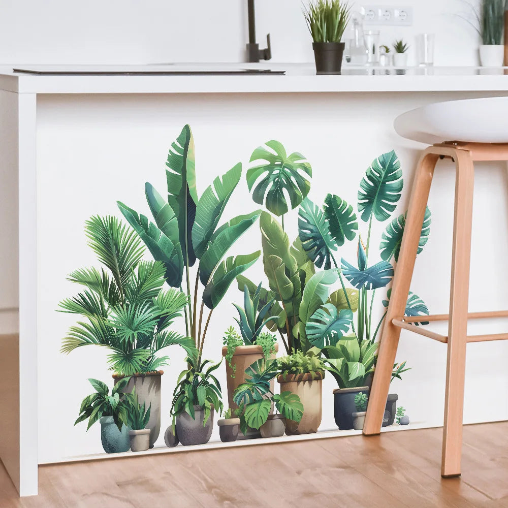 sticker mural plantes pots feuilles diverses moderne minimalisteintérieur décoration vert marron beige blanc