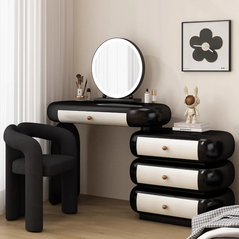 maquillage moderne commode tiroirs tabouret miroir noir blanc texture cuir