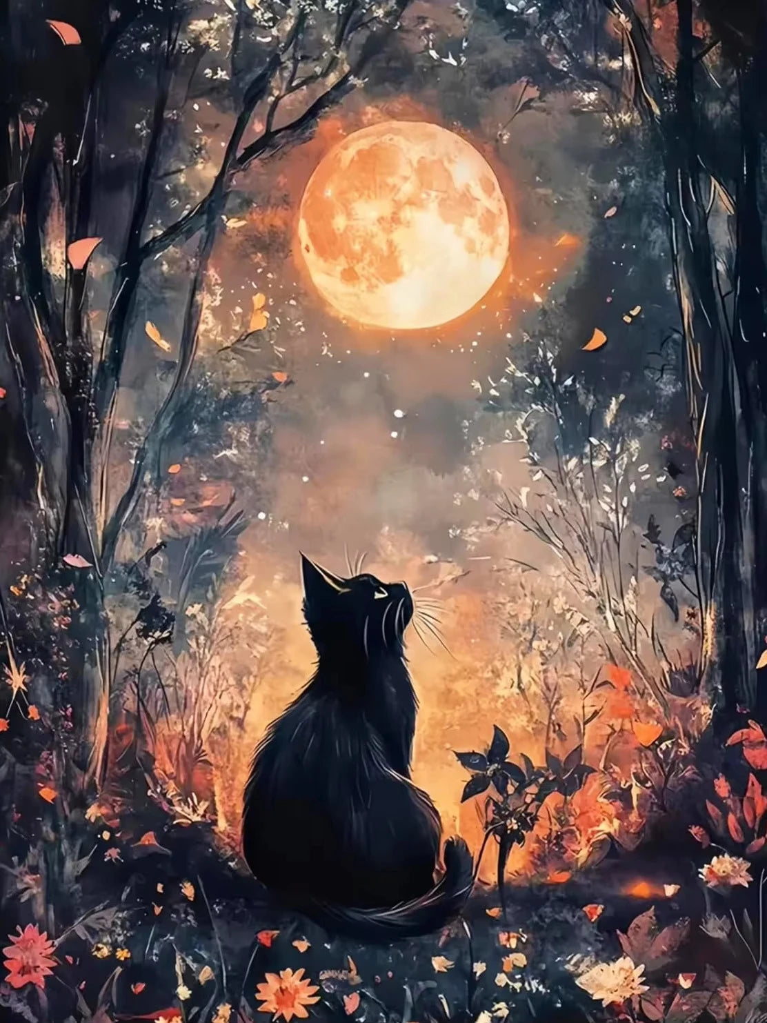 tableau colorier paysage nocturne chat fleurs tournesols peinture pré imprimée pinceaux couleurs guide numérotation
