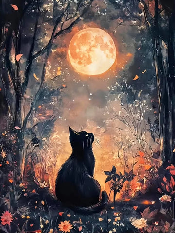 tableau colorier paysage nocturne chat fleurs tournesols peinture pré imprimée pinceaux couleurs guide numérotation