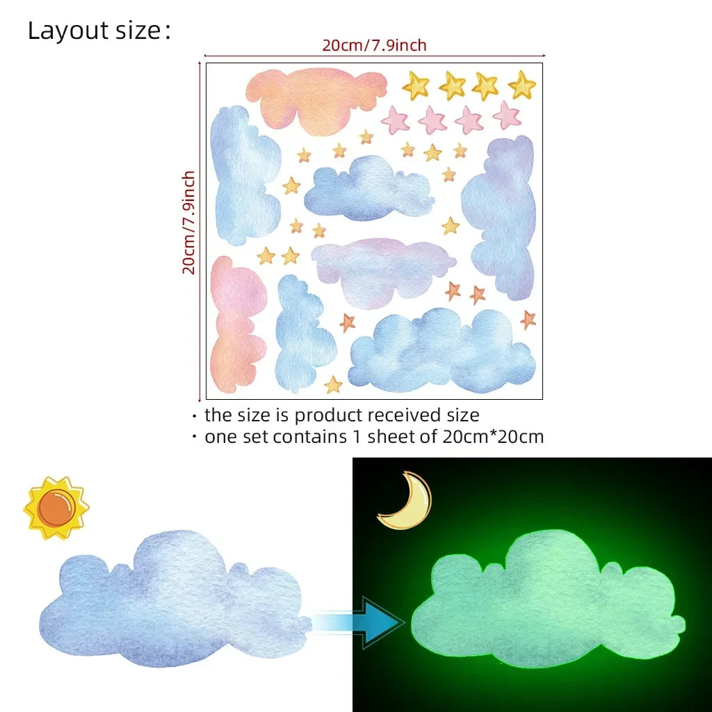 sticker mural nuages étoiles phosphorescent rose bleu vert adhésif chambre enfant moderne