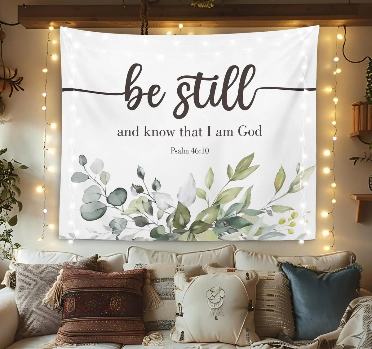 tapisserie murale boho chic versets religieux fleurs feuilles blanc doré roseclair bleuclair beige