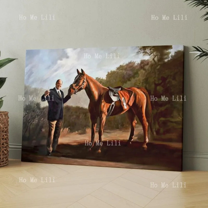 peinture toile homme cheval paysage rural marron gris bleu blanc decoration maison unique classique