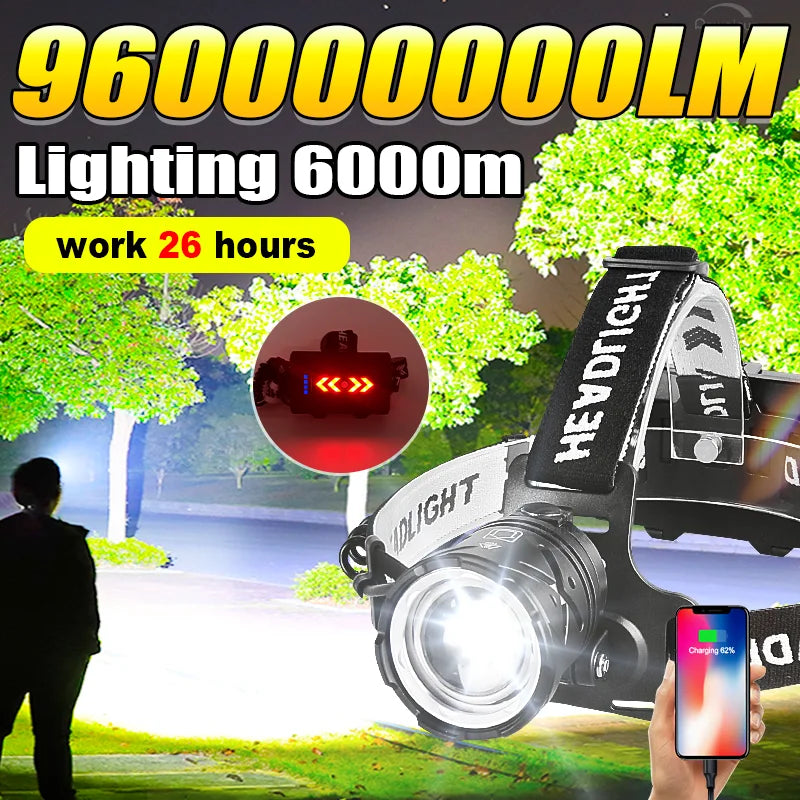 lampe frontale led rechargeable puissante pêche camping exploration headlamp noir adjustable