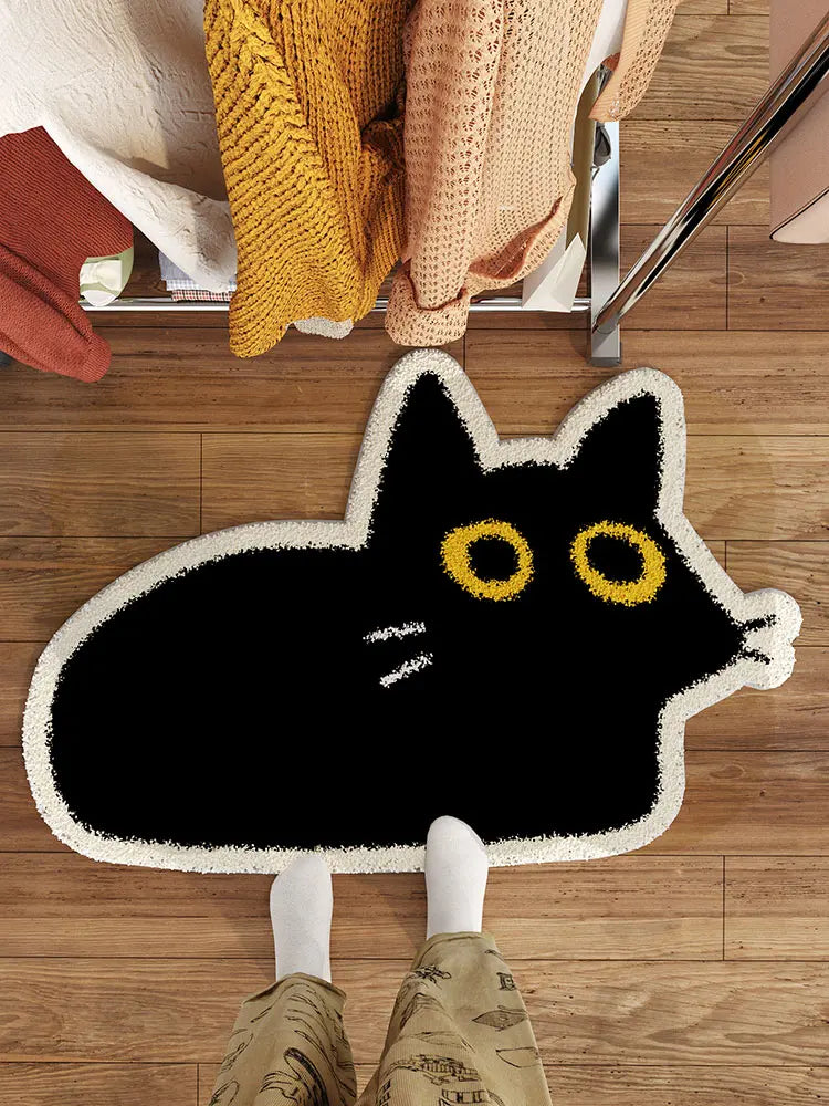 tapis sol intérieur motif chat noir cartoon décor maison moderne antidérapant polyester doux noir