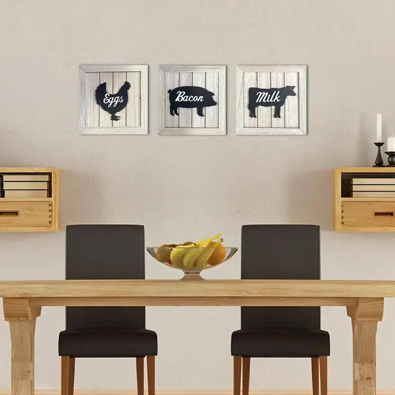 tableaux decoratifs rustiques motifs alimentaires animaux fermiers fond bois texturé blanc cassé noir chêneclair