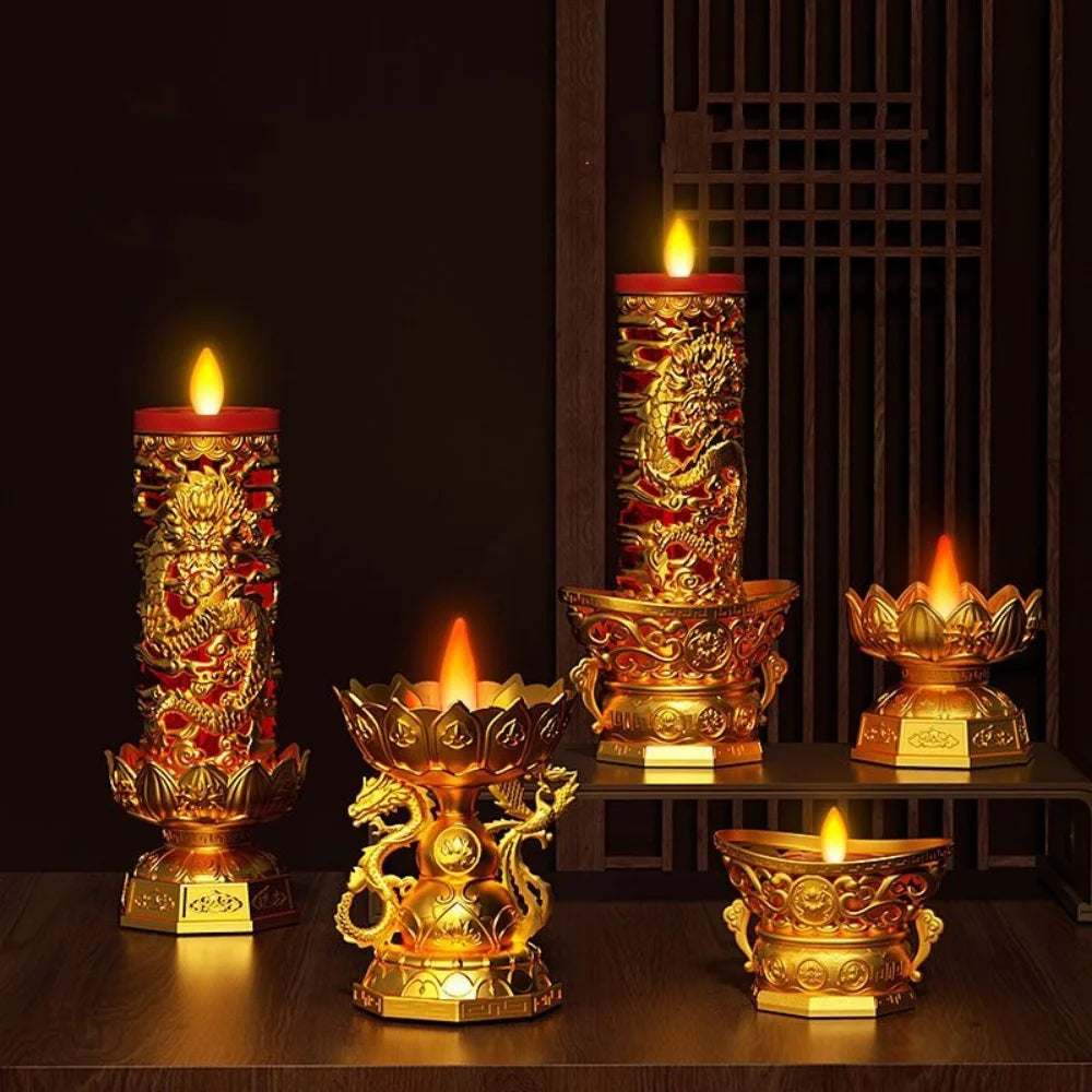 bougies led dragon or rouge artisanal traditionnel base ornée haute 26 cm
