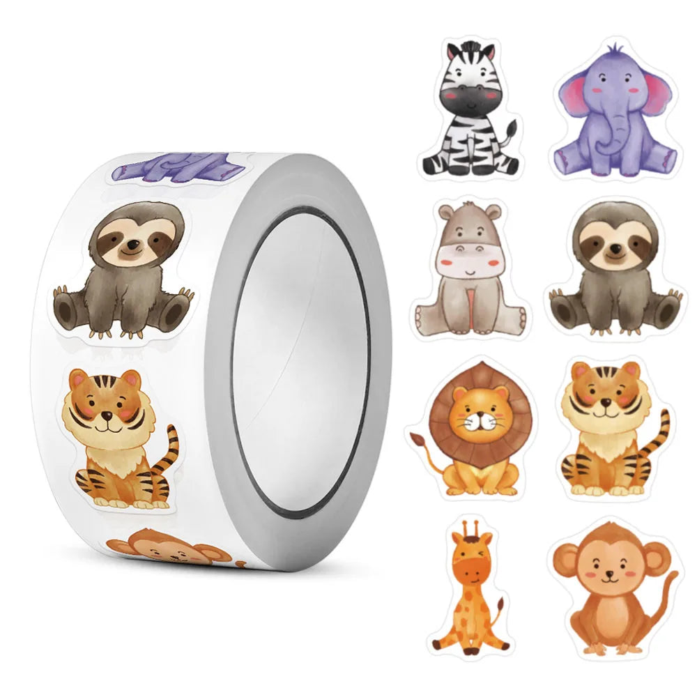 stickers animaux multicolores dessins cartoon adhésifs 500 pièces rouleau 2.5cm apprendre récompense étiquettes ornement