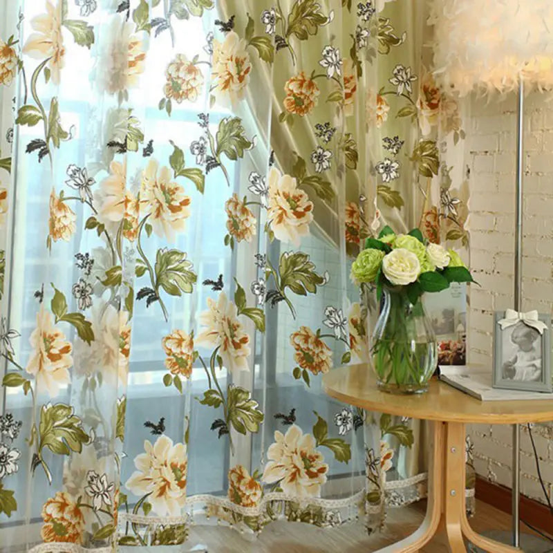 rideaux voilés motifs floraux tissu texturé translucides décoratifs romantiques fleurs feuilles