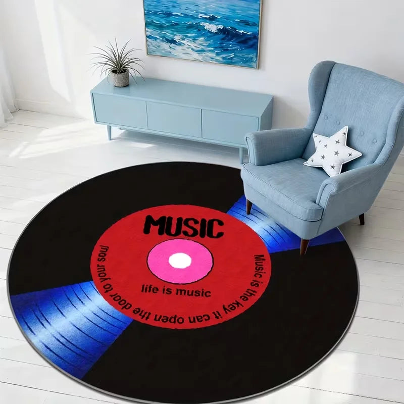 tapis rond moderne disque vinyle noir rouge bleu violet life is music chambre salon