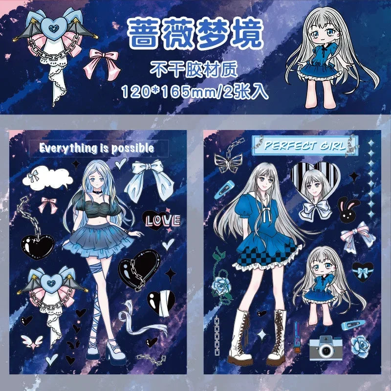 autocollants manga personnages textes confettis bleu violet noir blanc opaques scrapbooking álbum journal intime