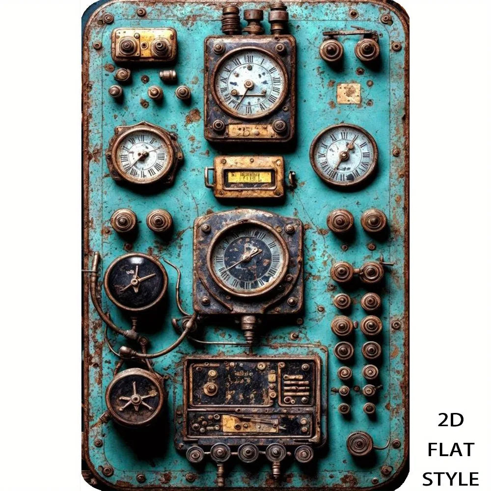 panneau contrôle vintage steampunk bleu vert doré métal vieilli émail noir