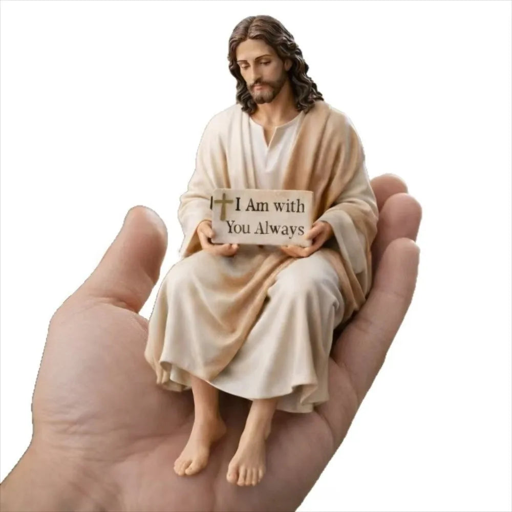 statue jésus résine beige inscription toujours décoration croix religieuse réaliste petite taille