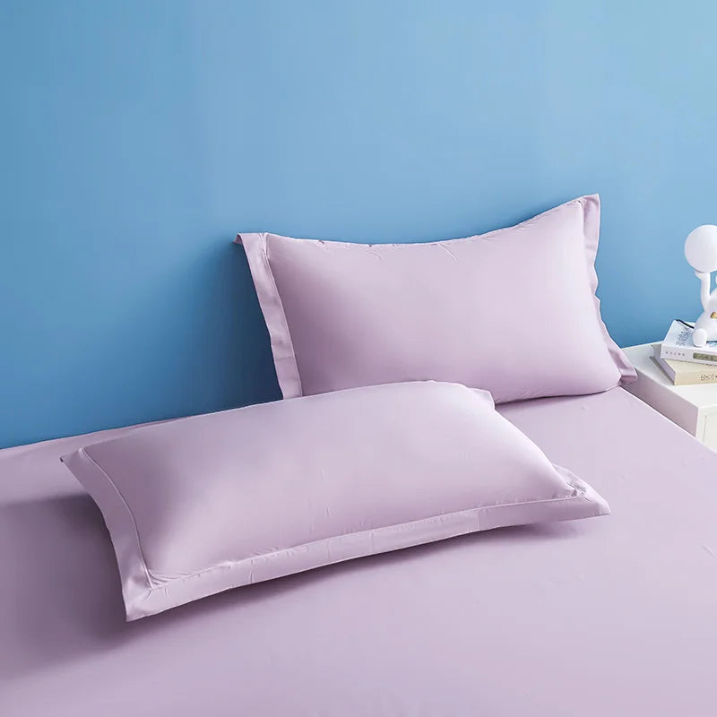 Deux oreillers roses pâle sur un fond bleu clair, offrant un look reposant et relaxant pour une chambre à coucher.