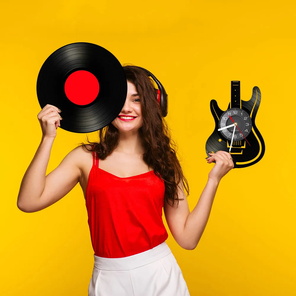 horloge murale forme guitare disque vinyle aiguille rétro moderne fixations chambre salon