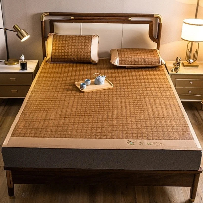 tapis couchage marron quadrillé confortable tissage traditionnel oreillers couverture asiatique chambre coucher