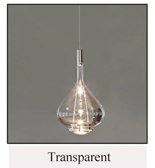 lampe suspendue moderne rose transparent fumé gris goutte forme allongée industriel fil apparent métal