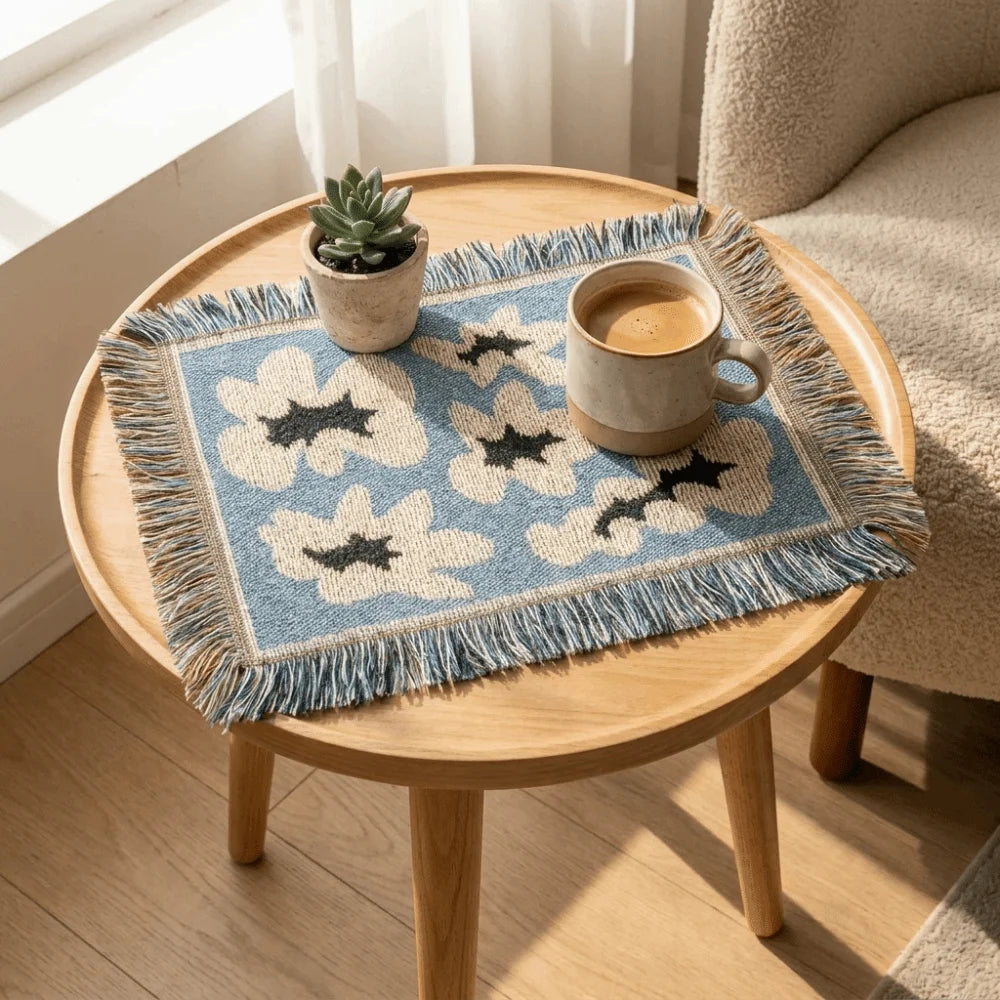tapis table textile motif tigre étoiles jaune noir bleu clair décoration table manger résistant