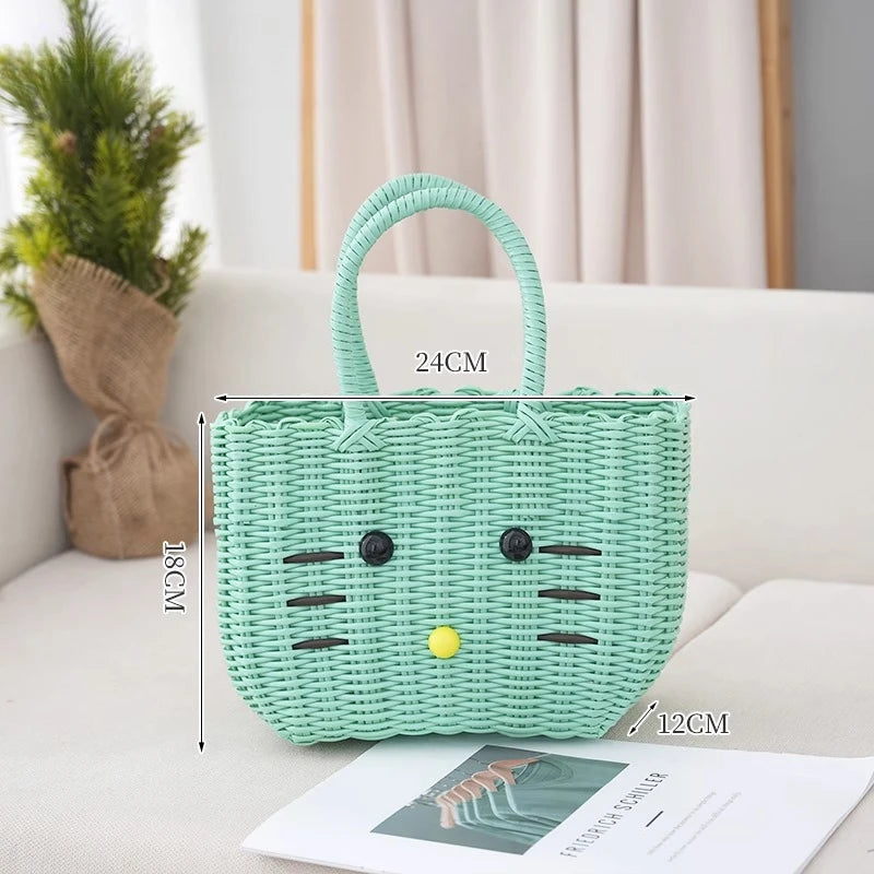 panier rangement vert clair chat mignon poignées corde blanc rose respectueux environnement