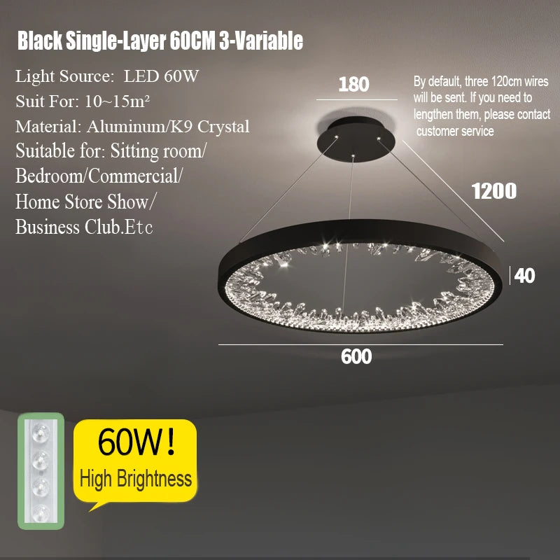 suspension lumineuse moderne or noir strass circulaire chambre salon led